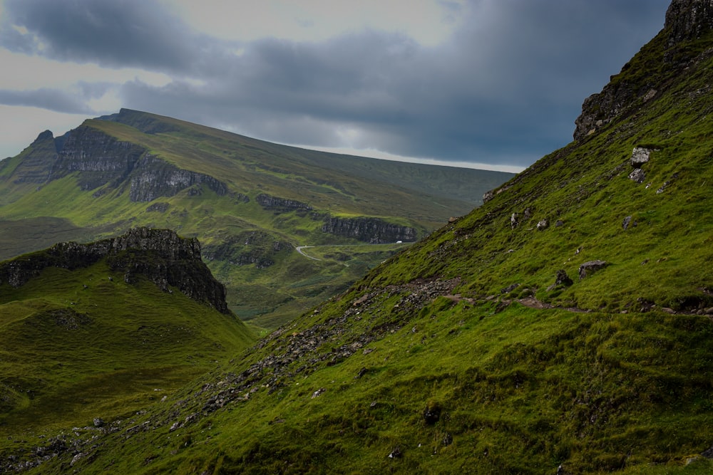 a grassy valley with rocks