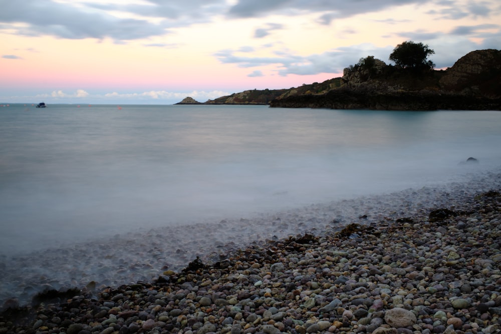 a rocky beach with a body of water and a hill with trees