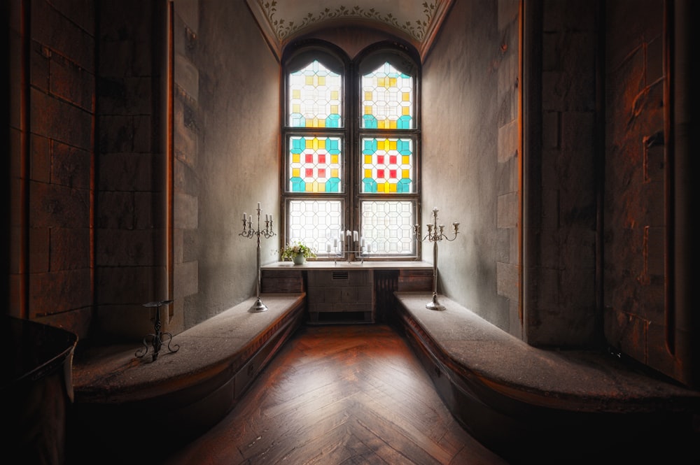 a bathroom with a large window