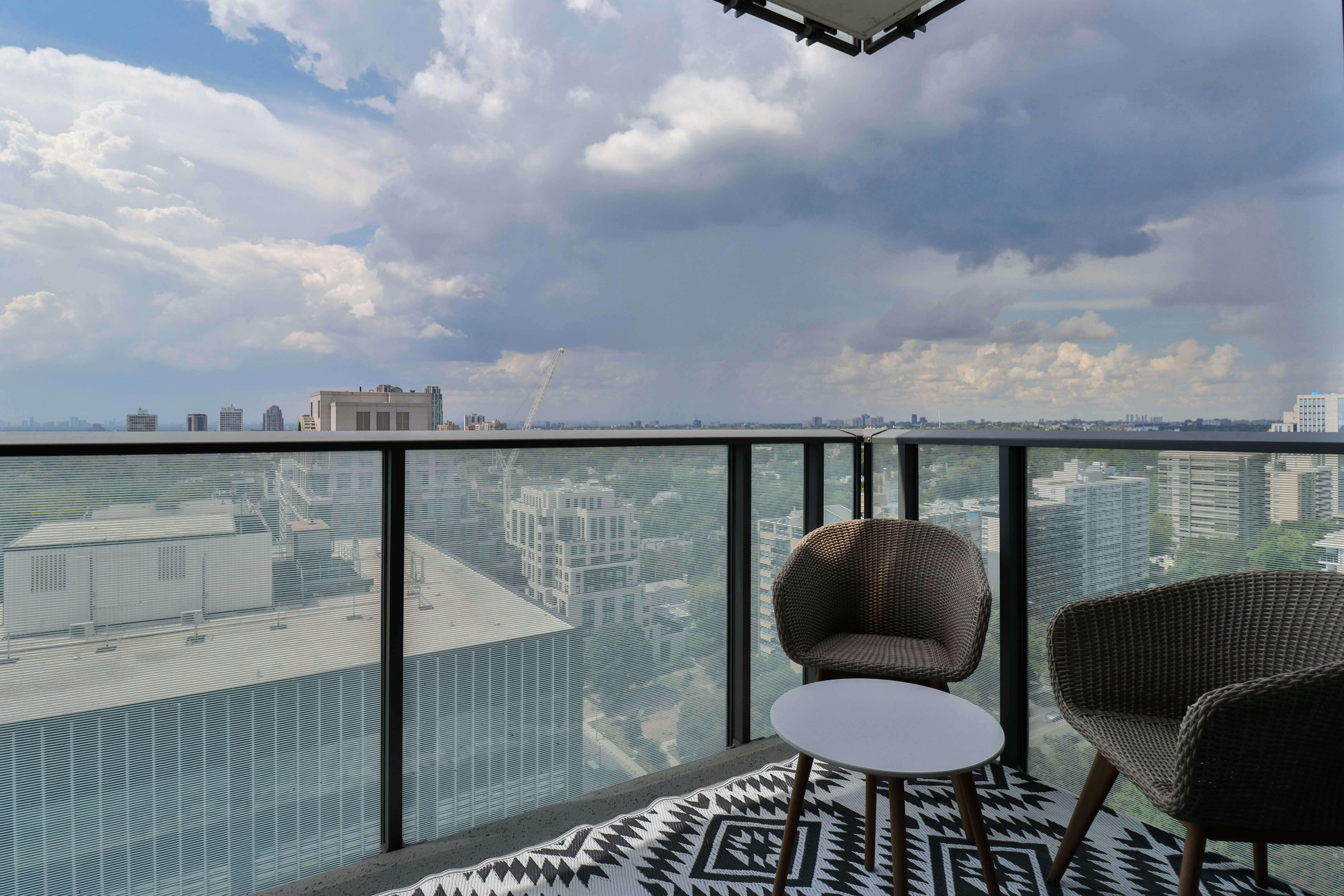 Dog relaxing on The Sally Apartments rooftop terrace with Chicago skyline in background - Chicago apartments no breed restrictions