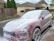 A red car covered in white soap is parked on a driveway near a wooden fence. The background features suburban houses with beige exteriors and brown roofs. Green garbage bins are visible near a garage, and evergreen shrubs add greenery to the scene.
