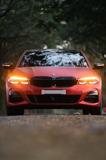Evening view of a dark-colored car with headlights on, parked near a softly lit tropical garden path.