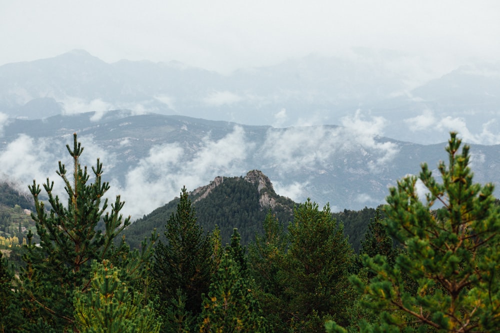 a view of a mountain range with clouds and trees