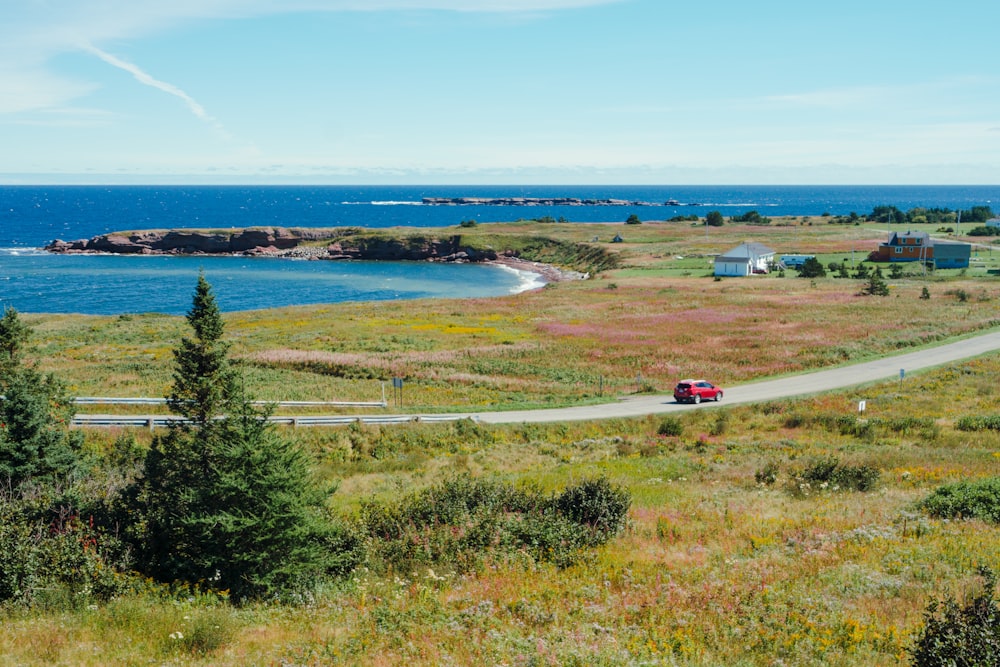 a car driving on a road near a body of water