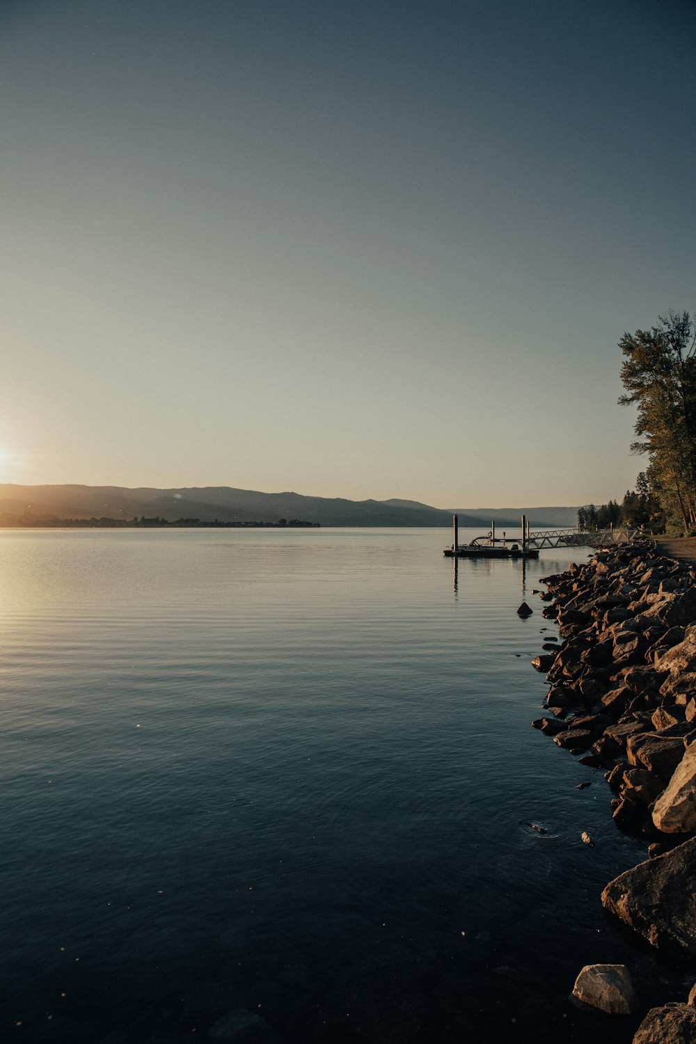 a body of water with a dock and a tree on the side