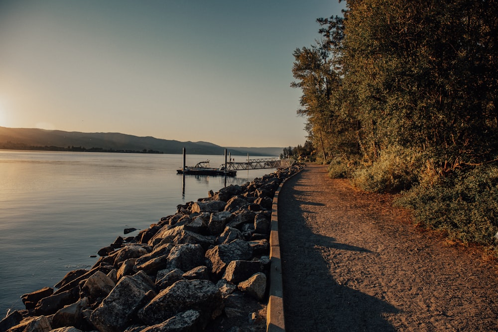 a path next to a body of water with rocks and trees on the side