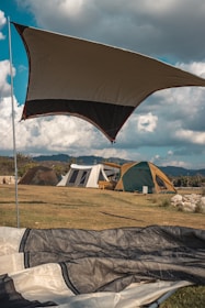 A spacious camping ground with dome tents set up under tall trees on a sunny day.
