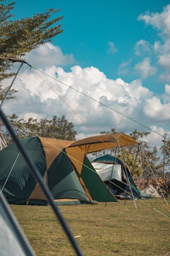 A group of camping tents set up on a grassy field under a clear blue sky, with fluffy white clouds. Trees and bushes can be seen in the background, providing a natural setting.