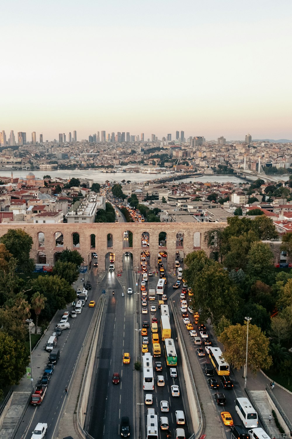 a city with many cars and buildings