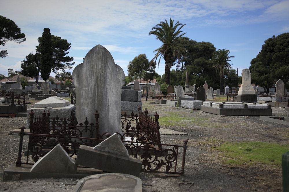 a cemetery with a fountain