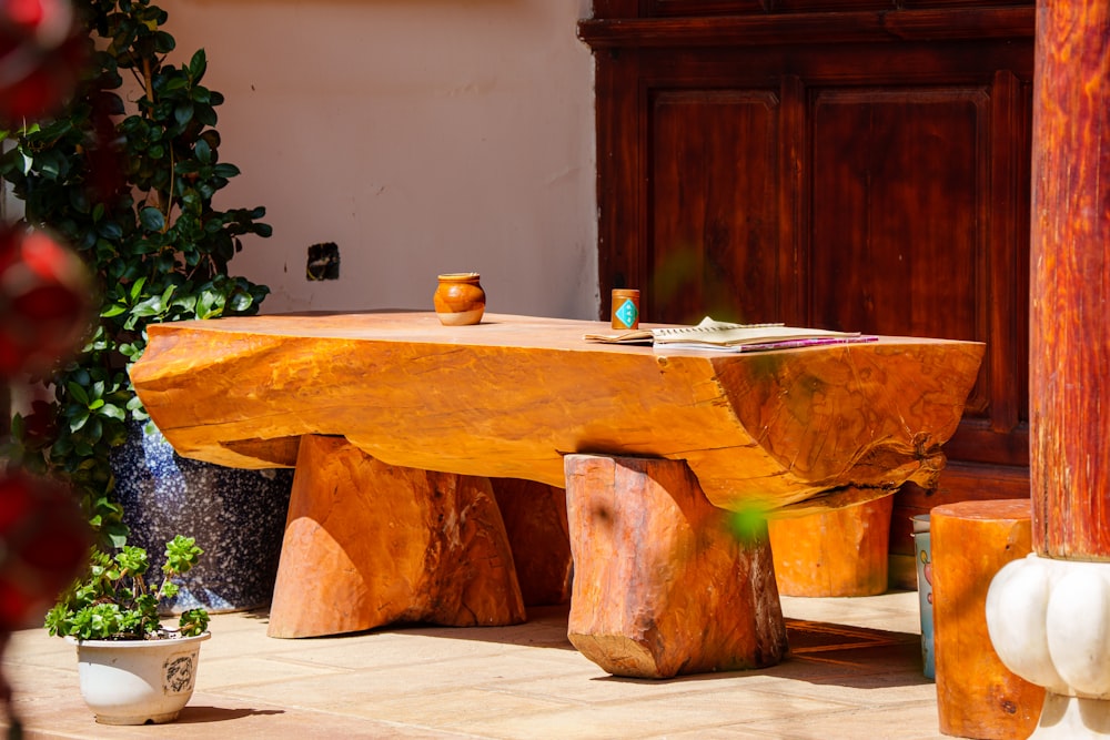 a wooden bench with a plant in the background