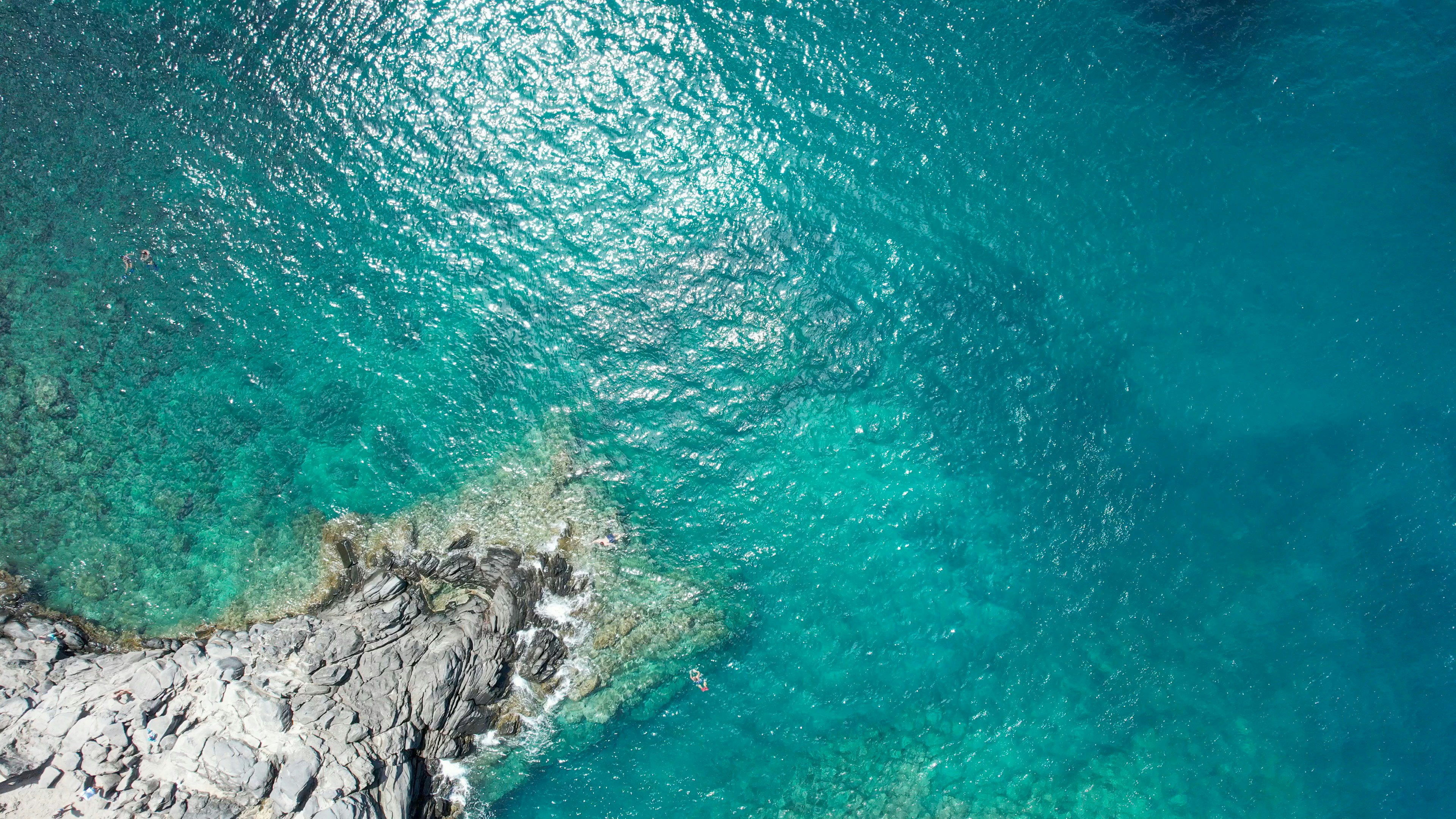 a rocky shore with a body of water in the background