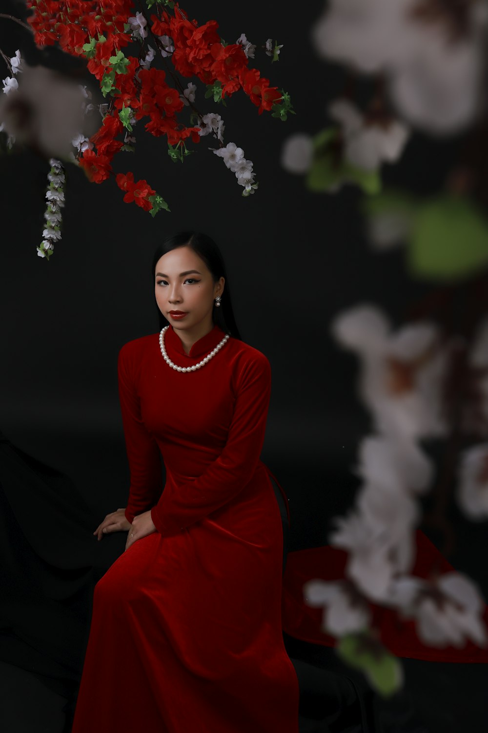 a woman in a red dress