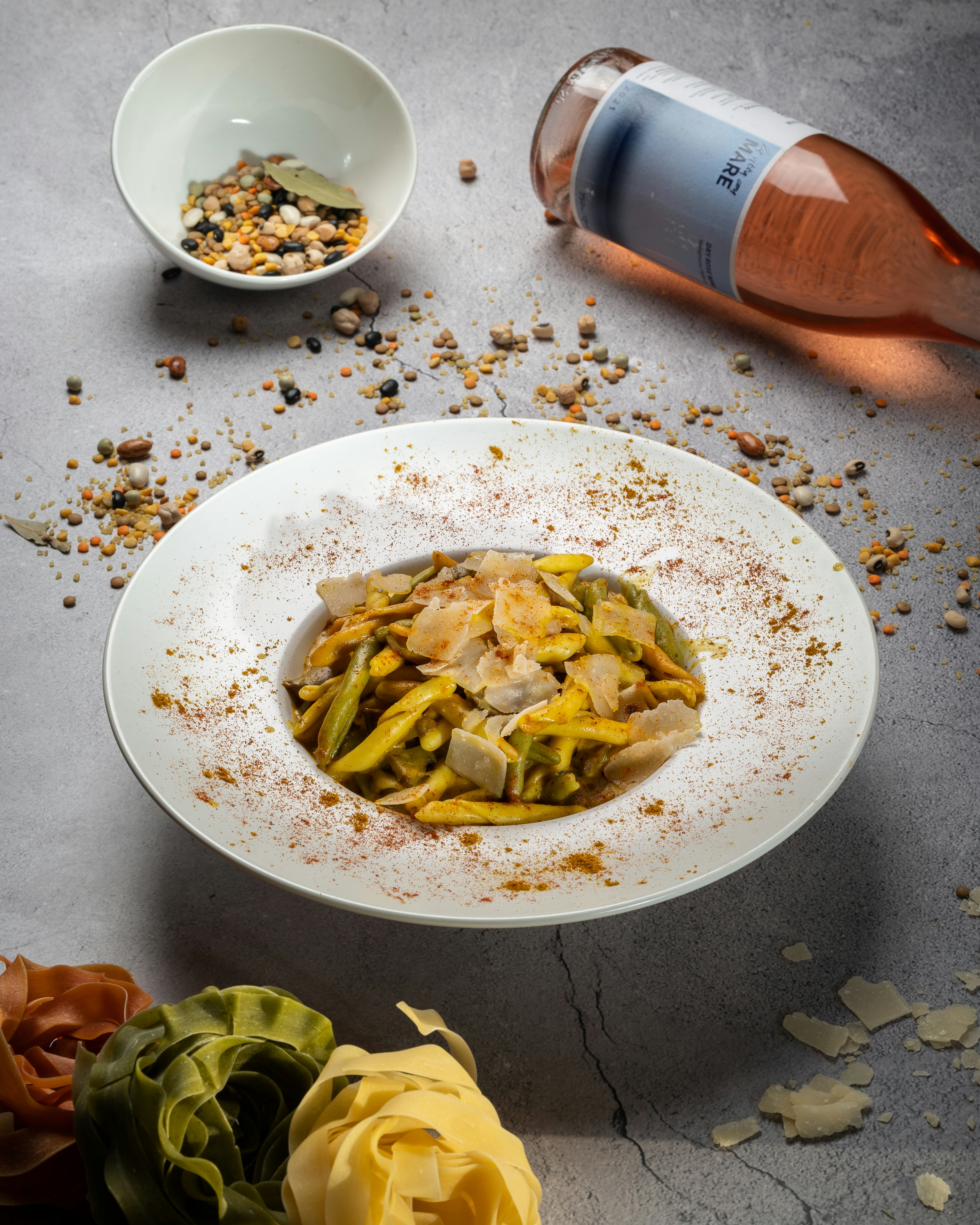 a plate of food and a bottle of water