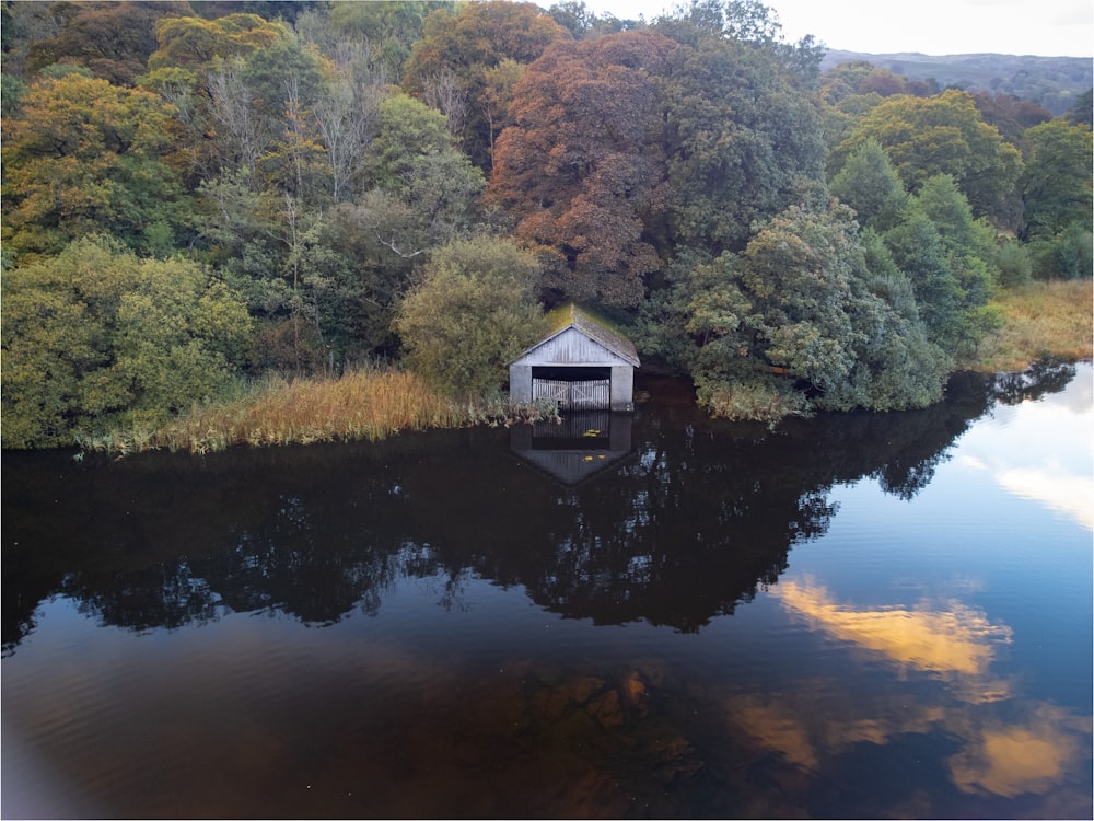 a house on a lake surrounded by trees