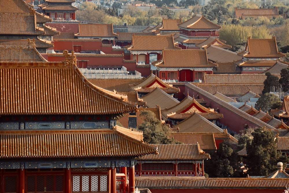 a group of buildings with roofs