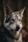 A close-up of a wolf with striking amber eyes and thick gray fur. The background is blurred and consists of natural, earthy tones, emphasizing the sharp features of the animal.