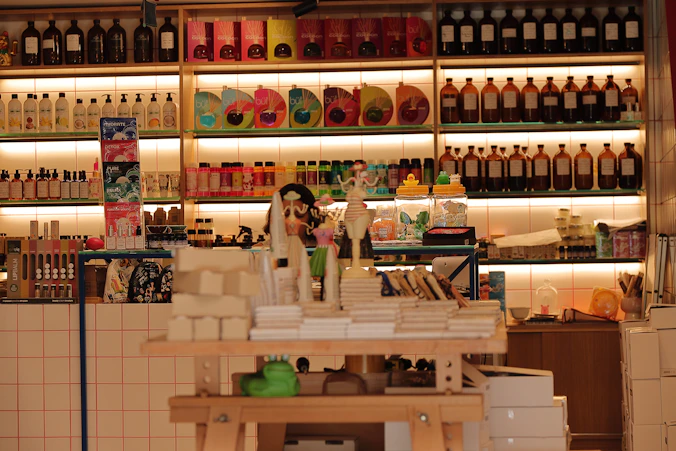 A welcoming Dorfarma team member arranging natural supplement bottles on a wooden shelf in a bright, clean store.