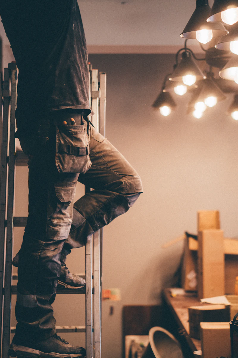 A tradesperson on a ladder on the job, tools in pocket