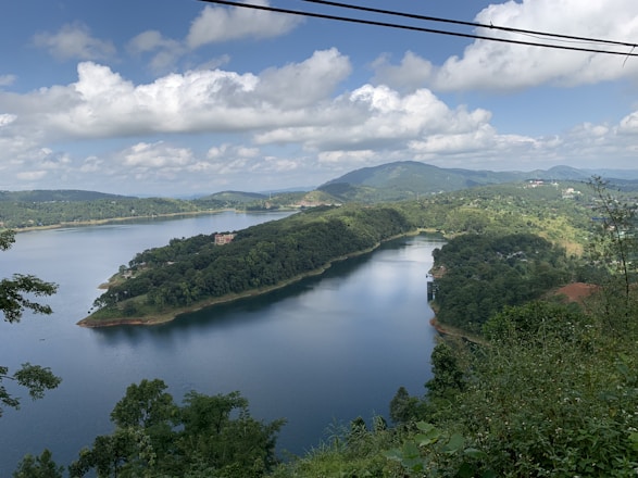 a river with trees and hills around it