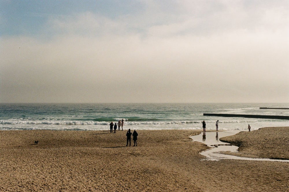 a couple of people on a sandy beach next to the ocean