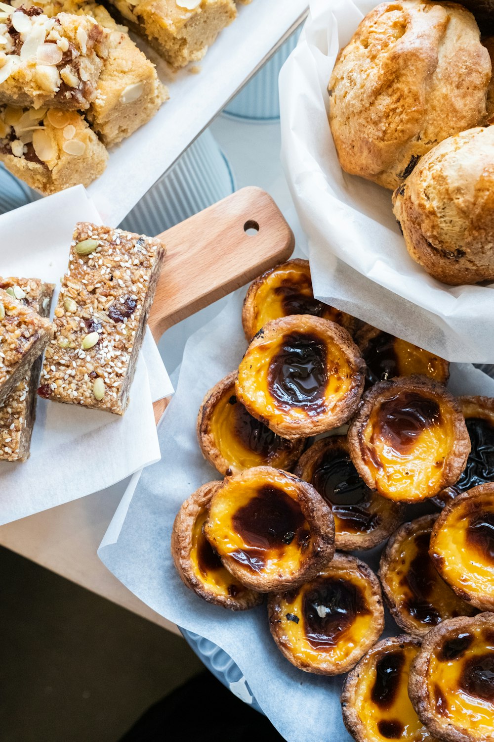 a group of pastries on plates