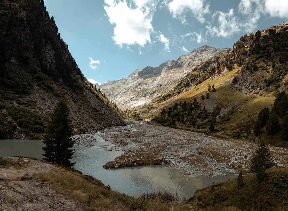 a river running through a valley between mountains