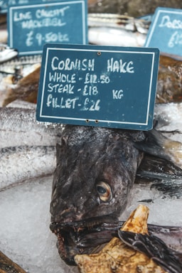 An assortment of fresh fish on ice, displayed at a market. A sign prominently advertises Cornish hake with prices for whole, steak, and fillet portions. Other fish varieties are partially visible in the background with additional signs showing prices.