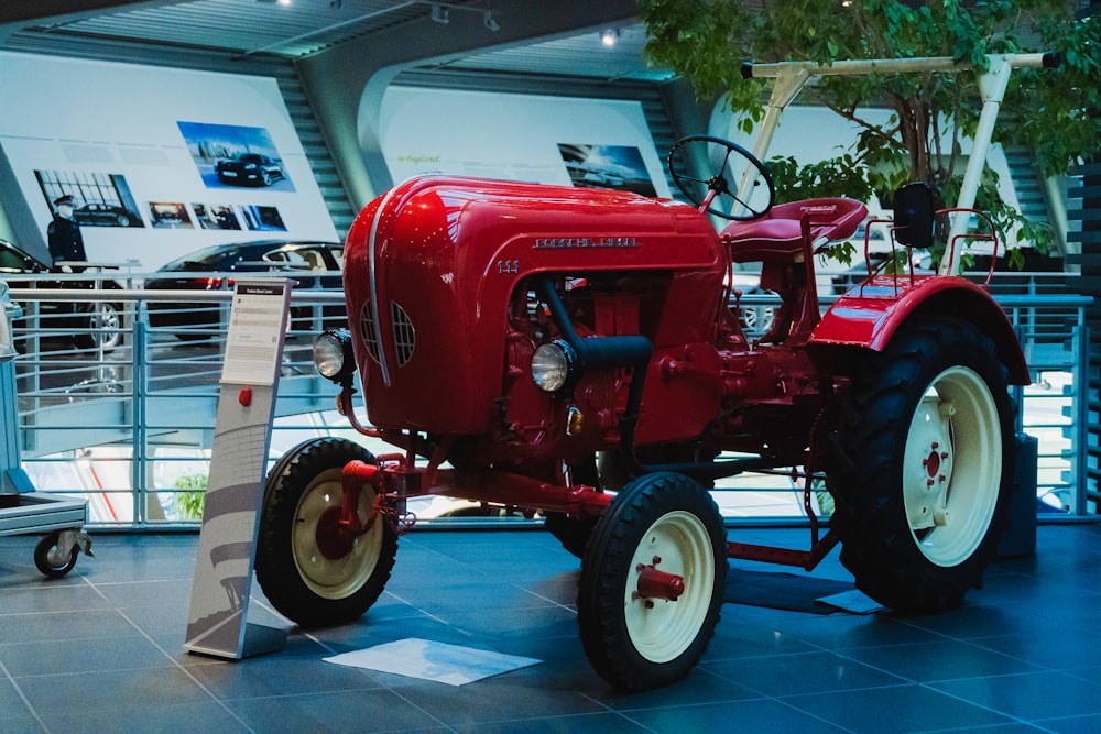 a red tractor on display