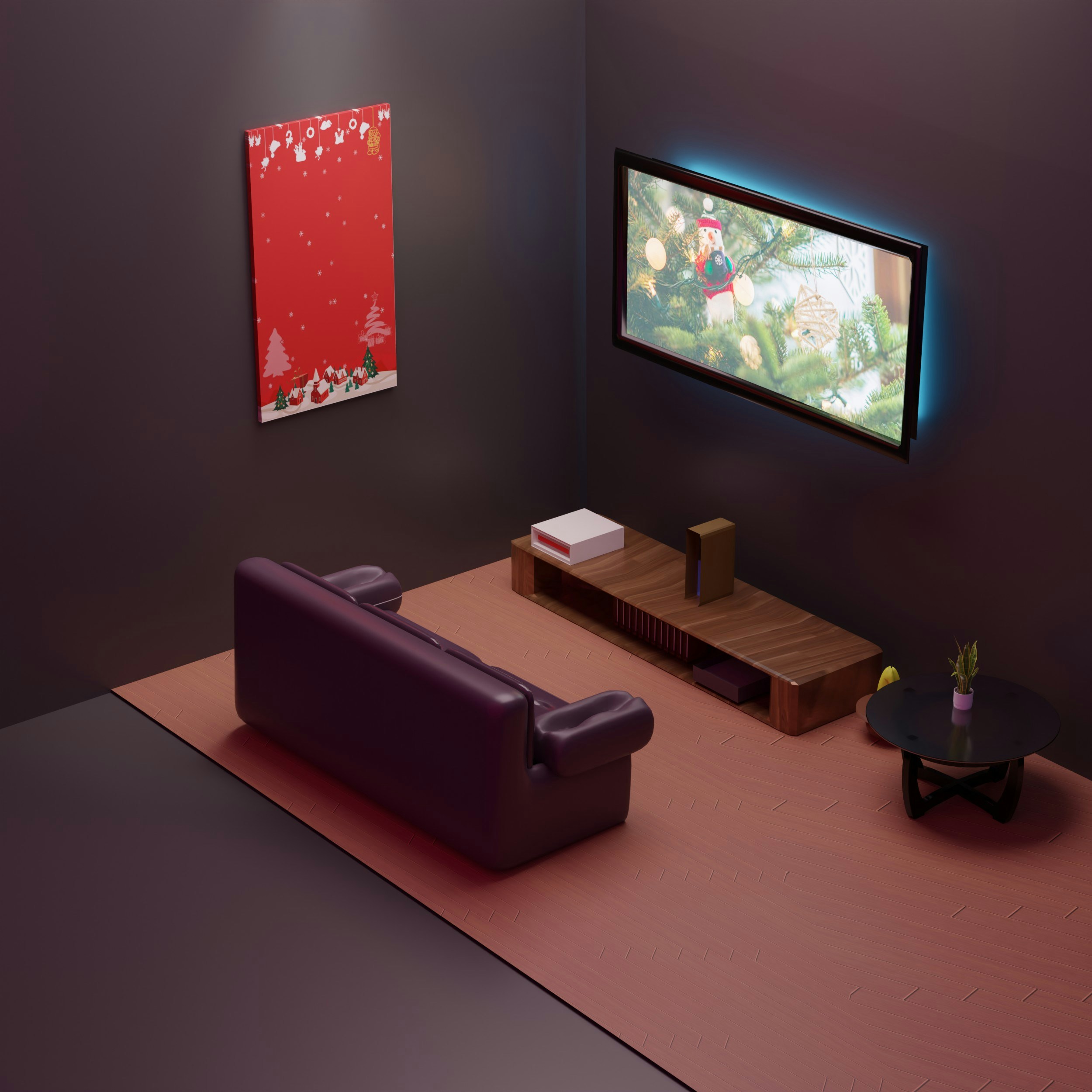Isometric 3d Living room with sofa, wall frame, television,flowers, tables