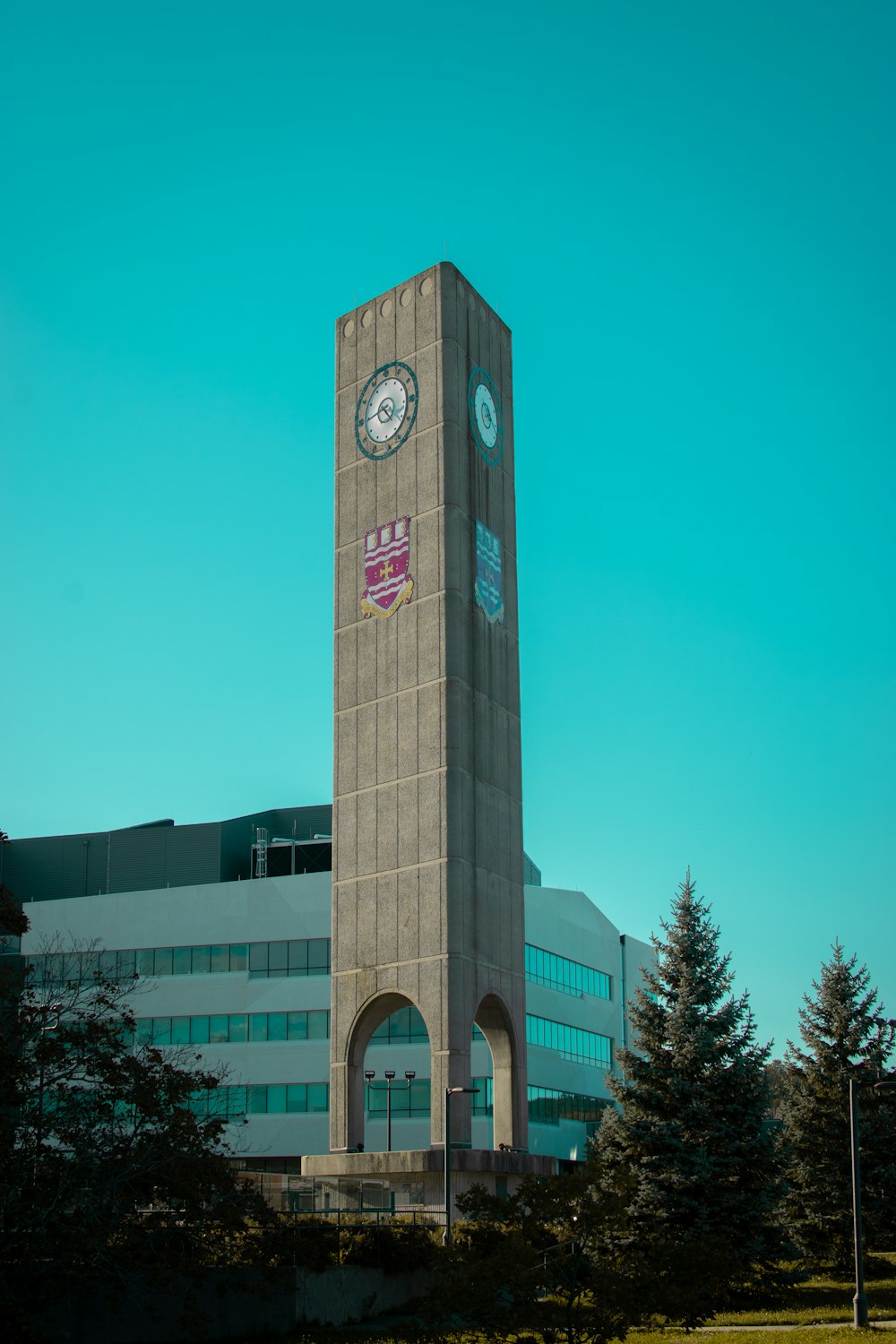a clock tower in front of a building