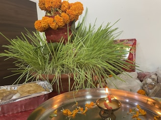 A diya (oil lamp) is lit on a metallic plate adorned with orange marigold petals. Behind it, there is a decorative pot filled with bright green grass and topped with a cluster of marigold flowers. To the side, there are packets of snacks and other ceremonial items suggesting a festive or religious setting.