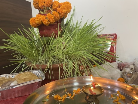 A serene brass pooja plate with a lit diya and fresh flowers arranged neatly.