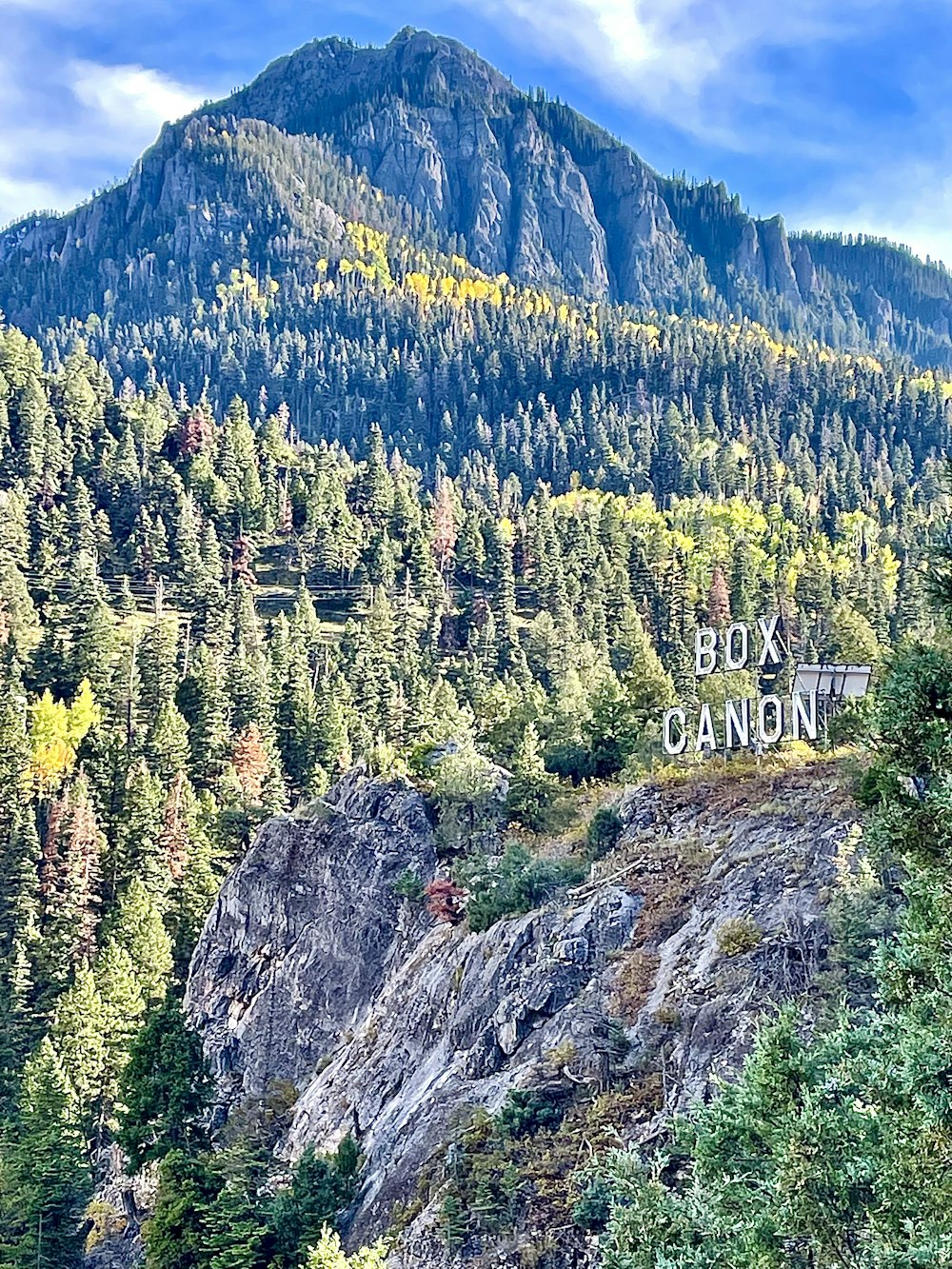 una montaña rocosa con árboles y un valle debajo