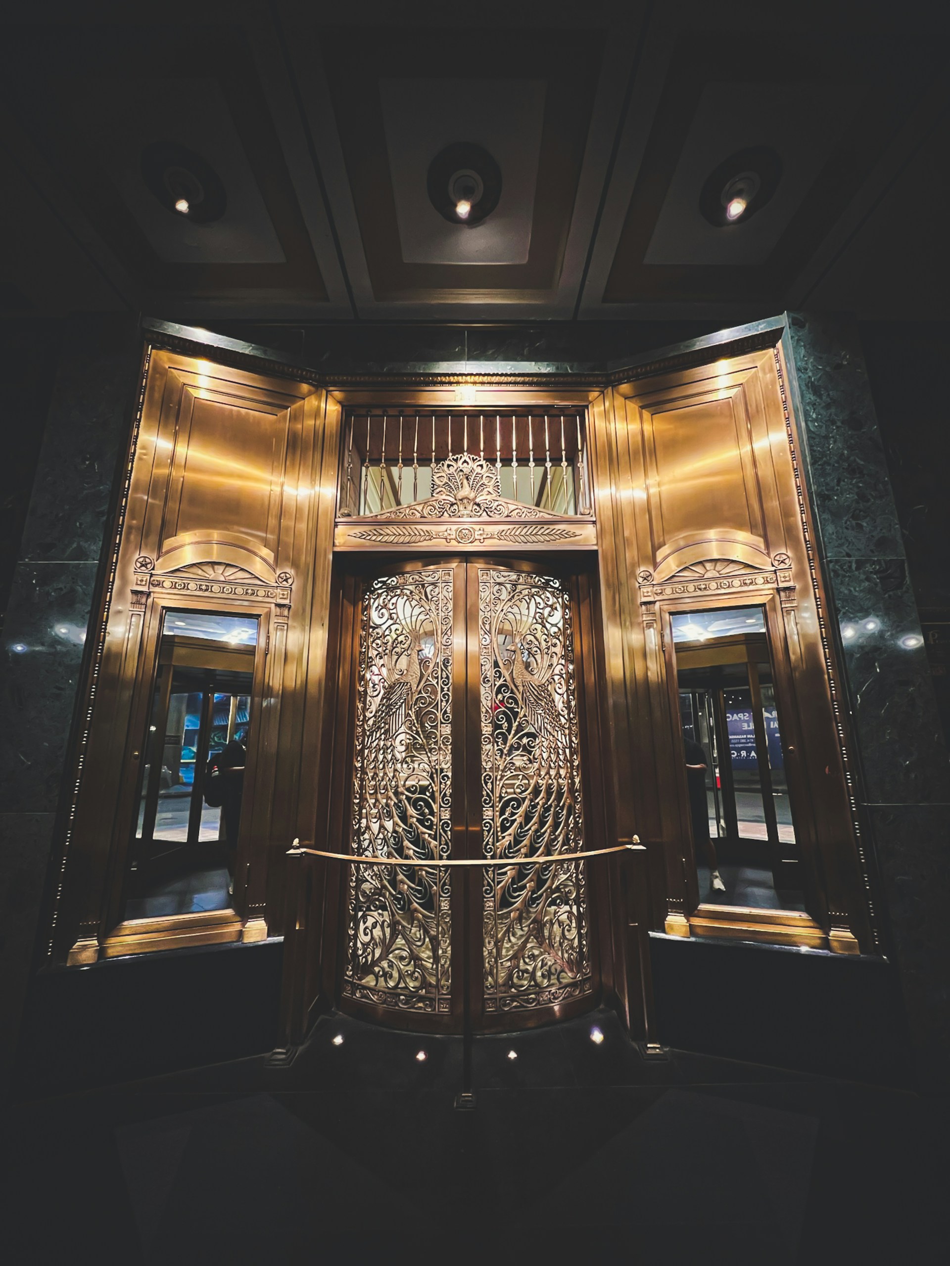 a room with a large door and a metal gate