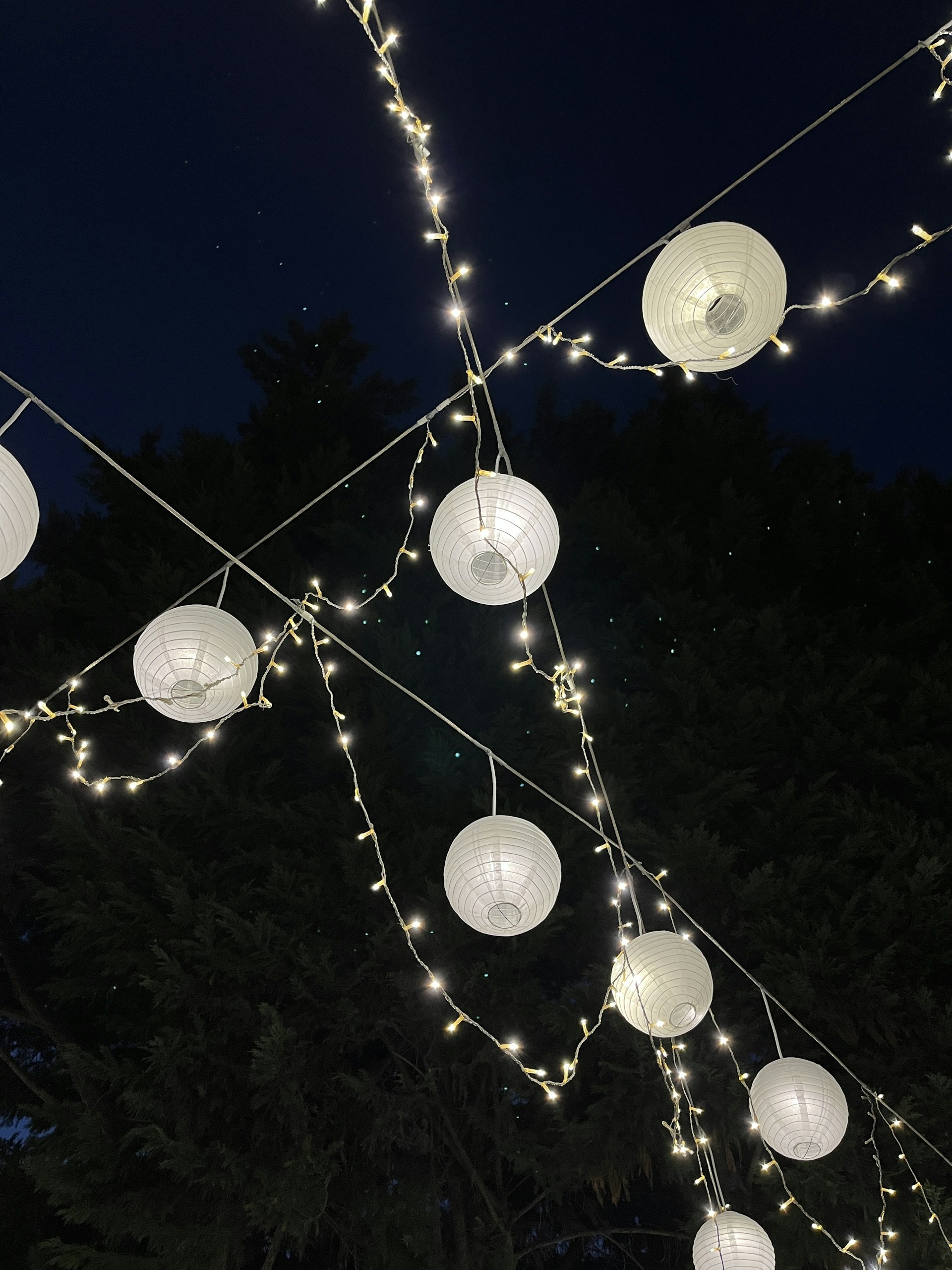 A scenic nighttime shot of a forest clearing lit by glowing lanterns and sound system speakers.
