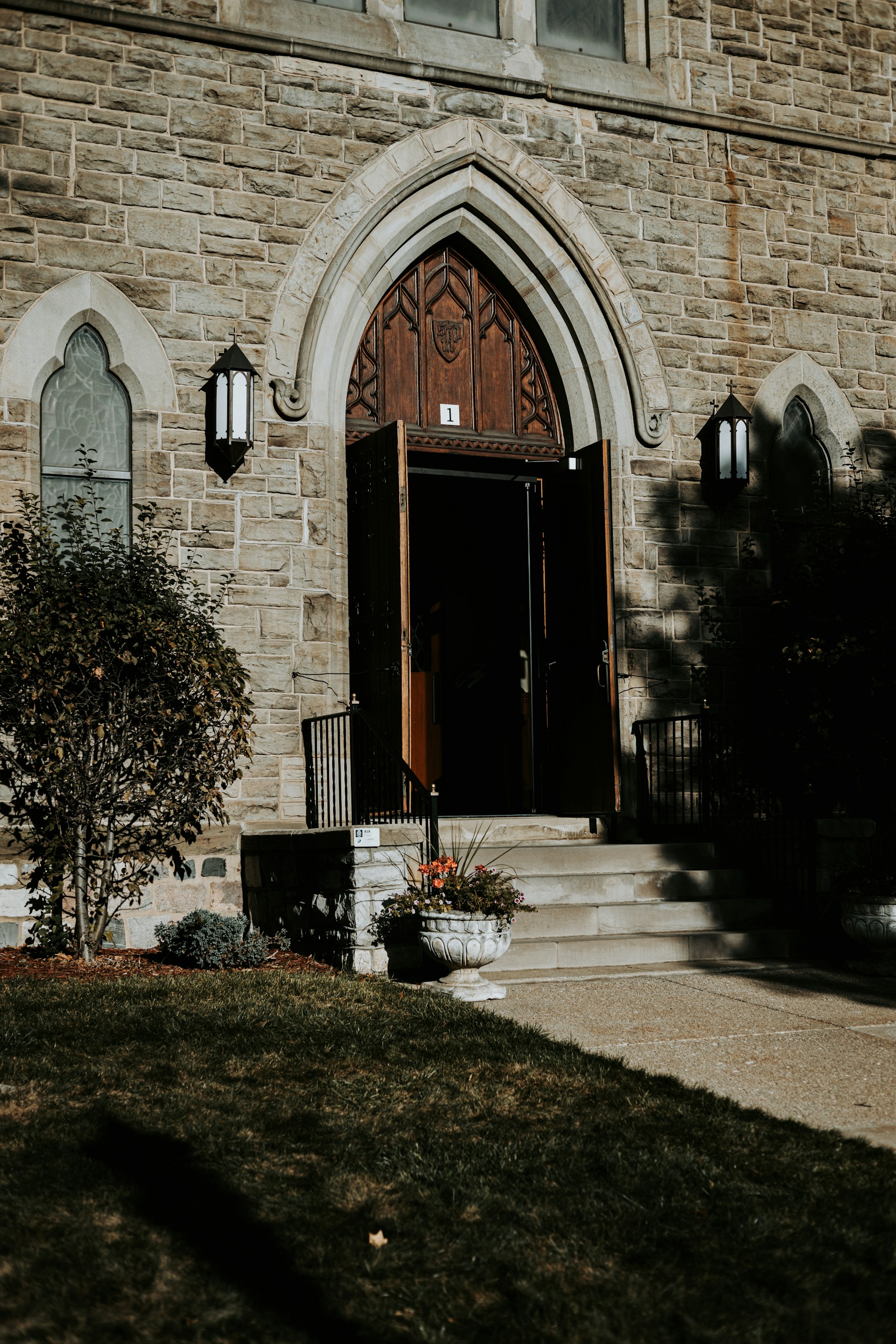 a brick building with a large door