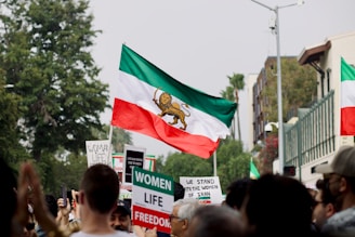 a group of people holding signs and flags