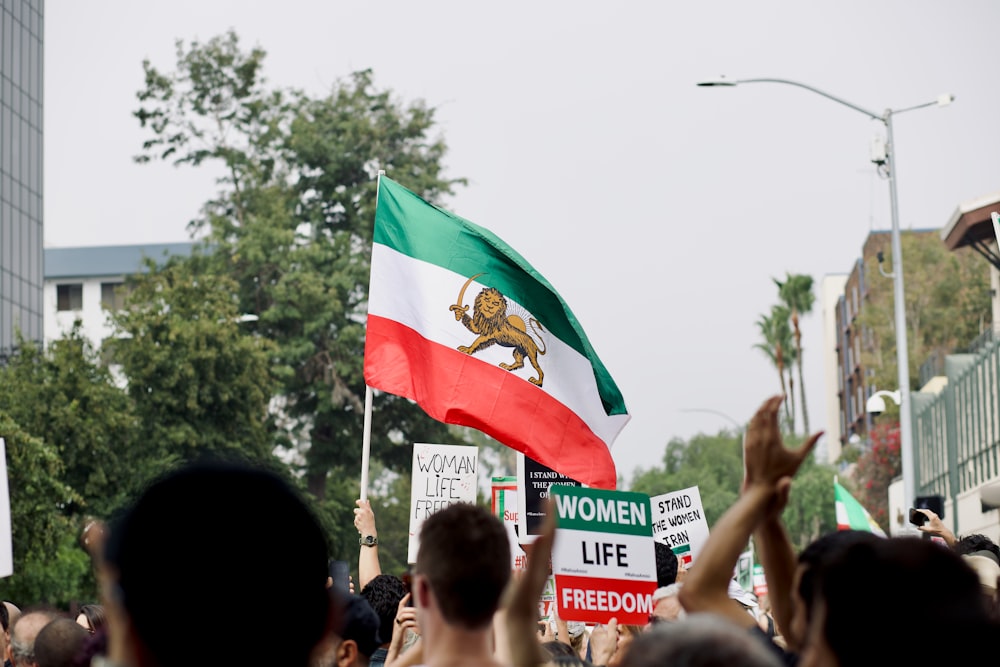 a group of people holding signs and flags