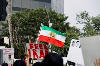 a group of people holding signs and flags