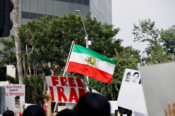 a group of people holding signs and flags