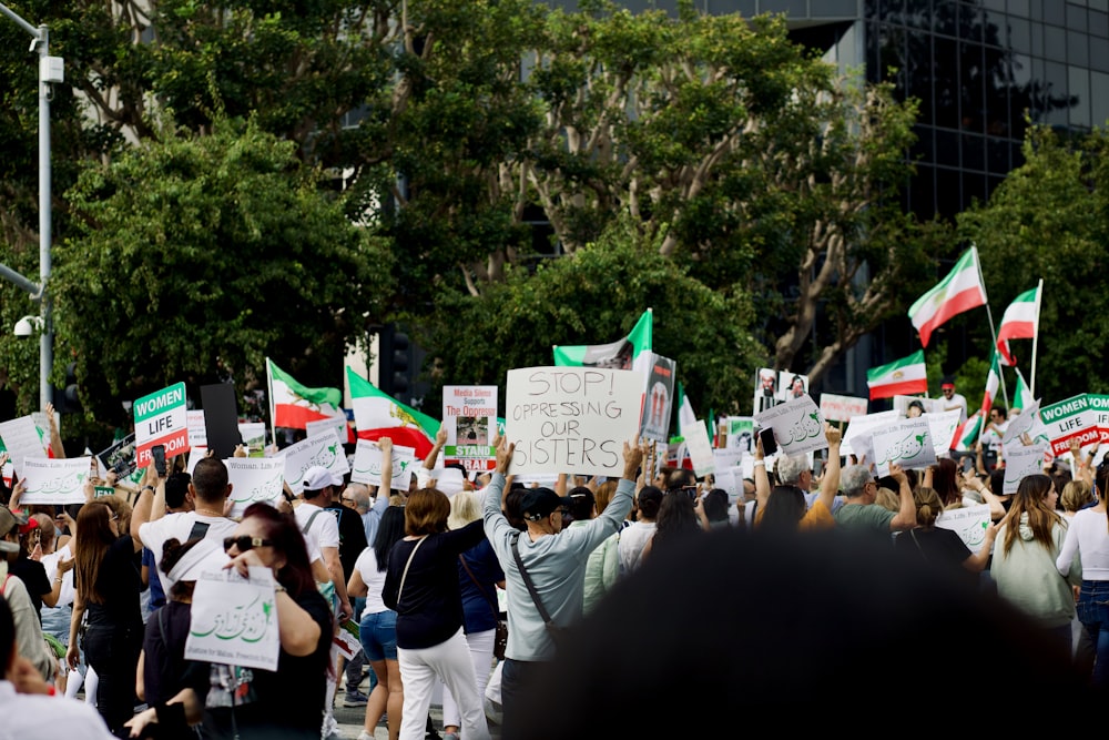 a group of people holding signs and flags