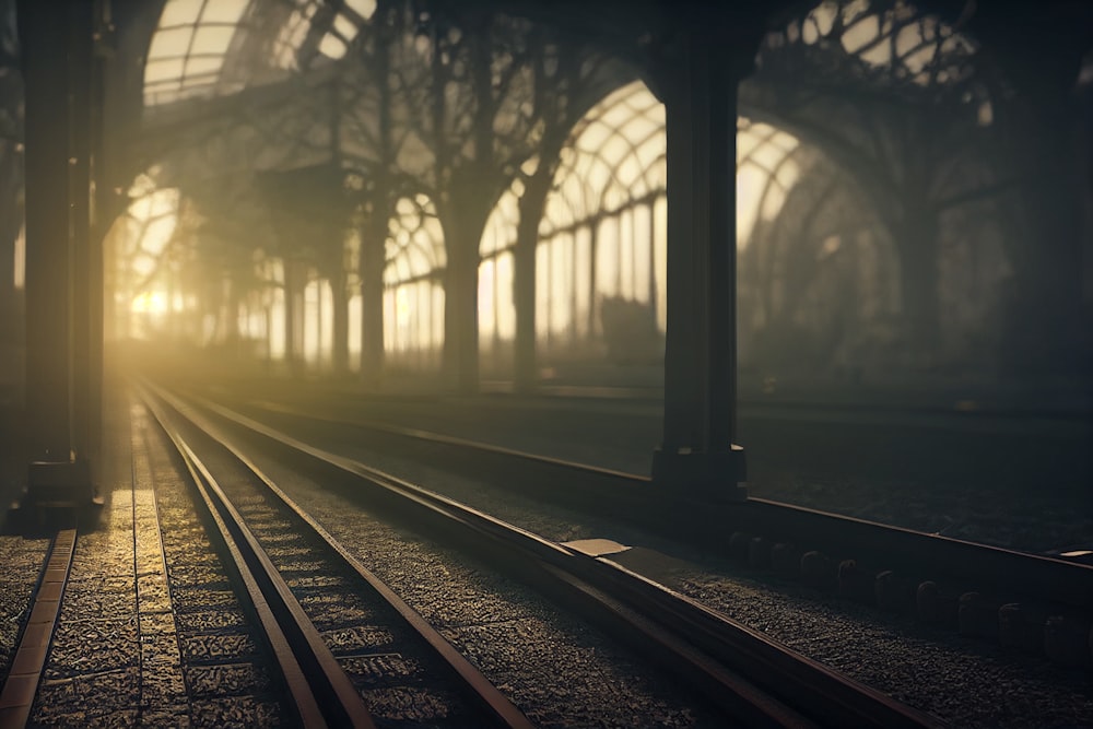 train tracks with trees on either side