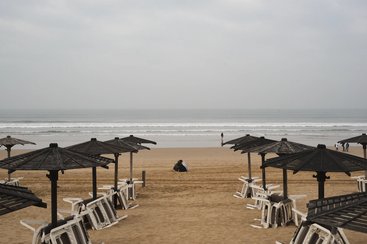 Beach umbrellas on Agadir shoreline