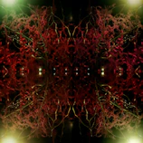 Abstract botanical shapes blending green and burgundy hues in a fine art composition.