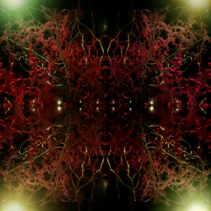 Abstract botanical shapes blending green and burgundy hues in a fine art composition.