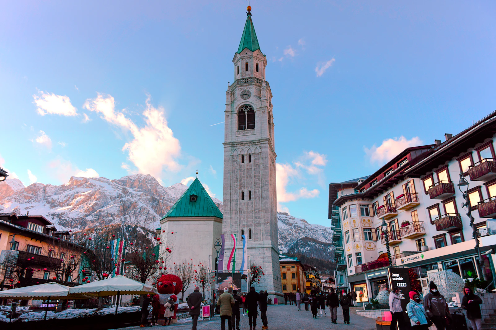 The campanile over Cortina d’Ampezzo, with the Dolomites behind