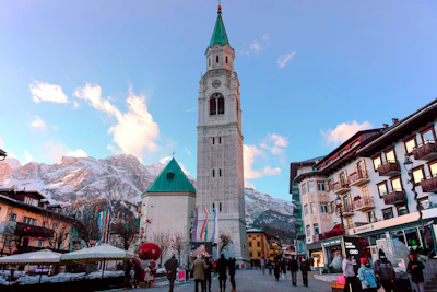 The campanile over Cortina d’Ampezzo, with the Dolomites behind