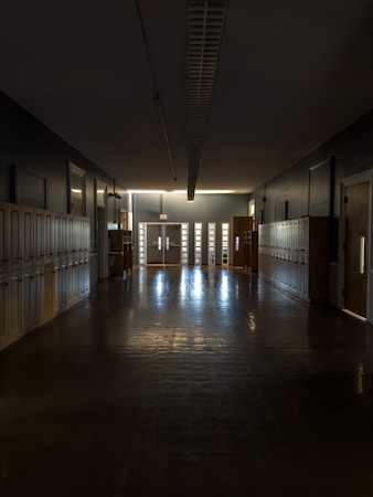 A quiet school corridor lined with doors and windows in a large public school building