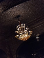 A luxurious chandelier with intricate gold detailing hangs from a ceiling adorned with elaborate, dark-patterned designs. The chandelier emits a warm, glowing light, illuminating the ornate ceiling structure.